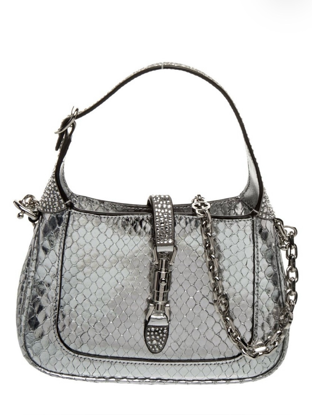 Gucci Silver Metallic Snakeskin-Textured Shoulder Bag with Chain Detail